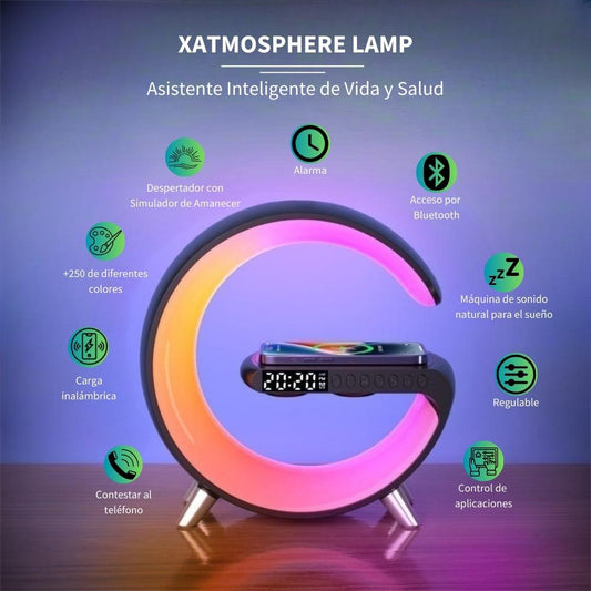 XAtmosphereLamp: Asistente inteligente de vida y salud. Características: Contestar al teléfono. Carga inalámbrica. +250 colores. Despertador con simulador de amanecer. Alarma. Acceso por Bluetooth. Máquina de sonido natural para el sueño. Regulable. Control de aplicaciones.